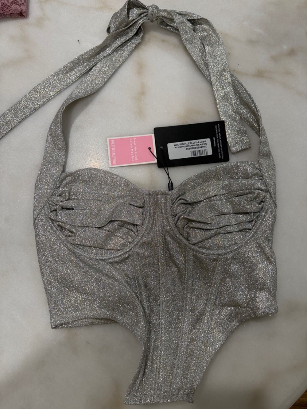 PrettyLittleThing Silver Glitter Halter Bodysuit